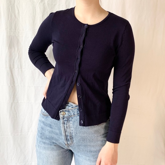 August Silk Button Up Cardigan Navy Petite Small - Picture 1 of 4